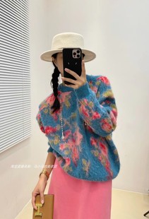 女装韩版进口马海毛复古彩绘五彩图案毛衣上衣