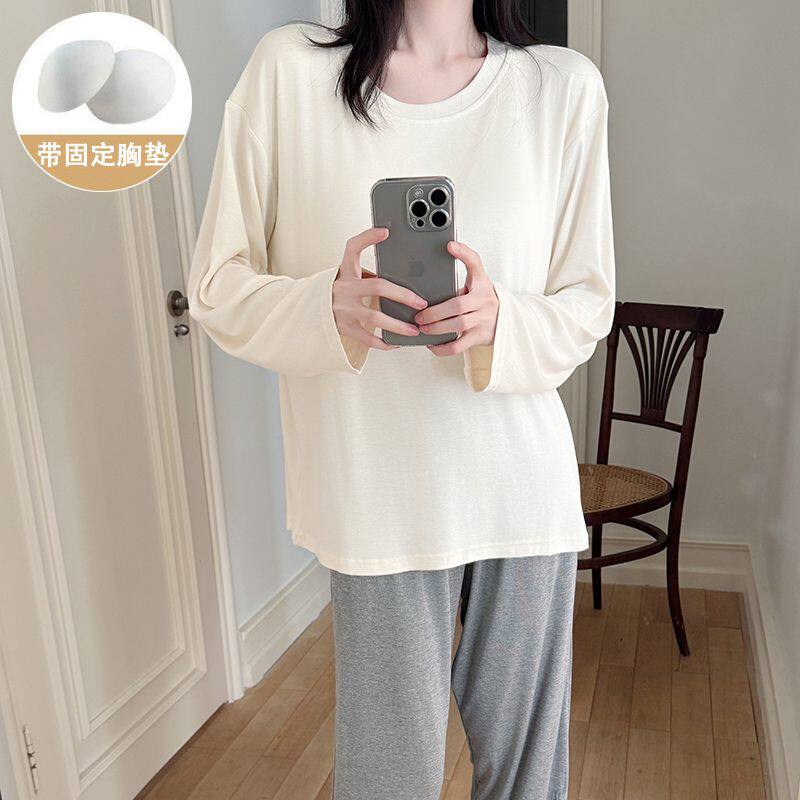 2025新款睡衣女士春秋季长袖宽松韩版带胸垫家居服两件套装可外穿