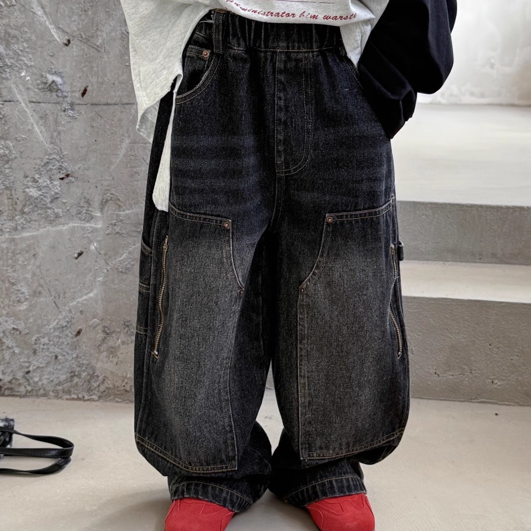 巨帅~男童宽松黑色牛仔裤春秋款儿童帅气工装裤男孩拉链长裤子潮