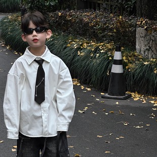 学院风男童加绒白色衬衫冬季上衣儿童送领带加厚衬衣男孩潮酷痞帅