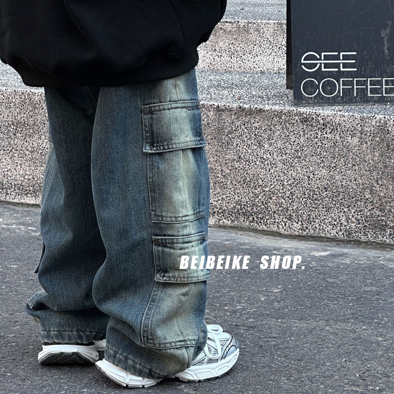 帅~男童加绒牛仔工装裤宽松长裤