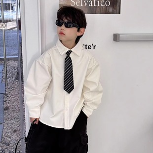 小绅士~男童白色加绒衬衫冬款儿童加厚长袖衬衣领带男孩简约上衣
