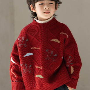 男童红色卡通针织毛衣秋冬款时尚潮流韩版菱格半高领儿童保暖上衣