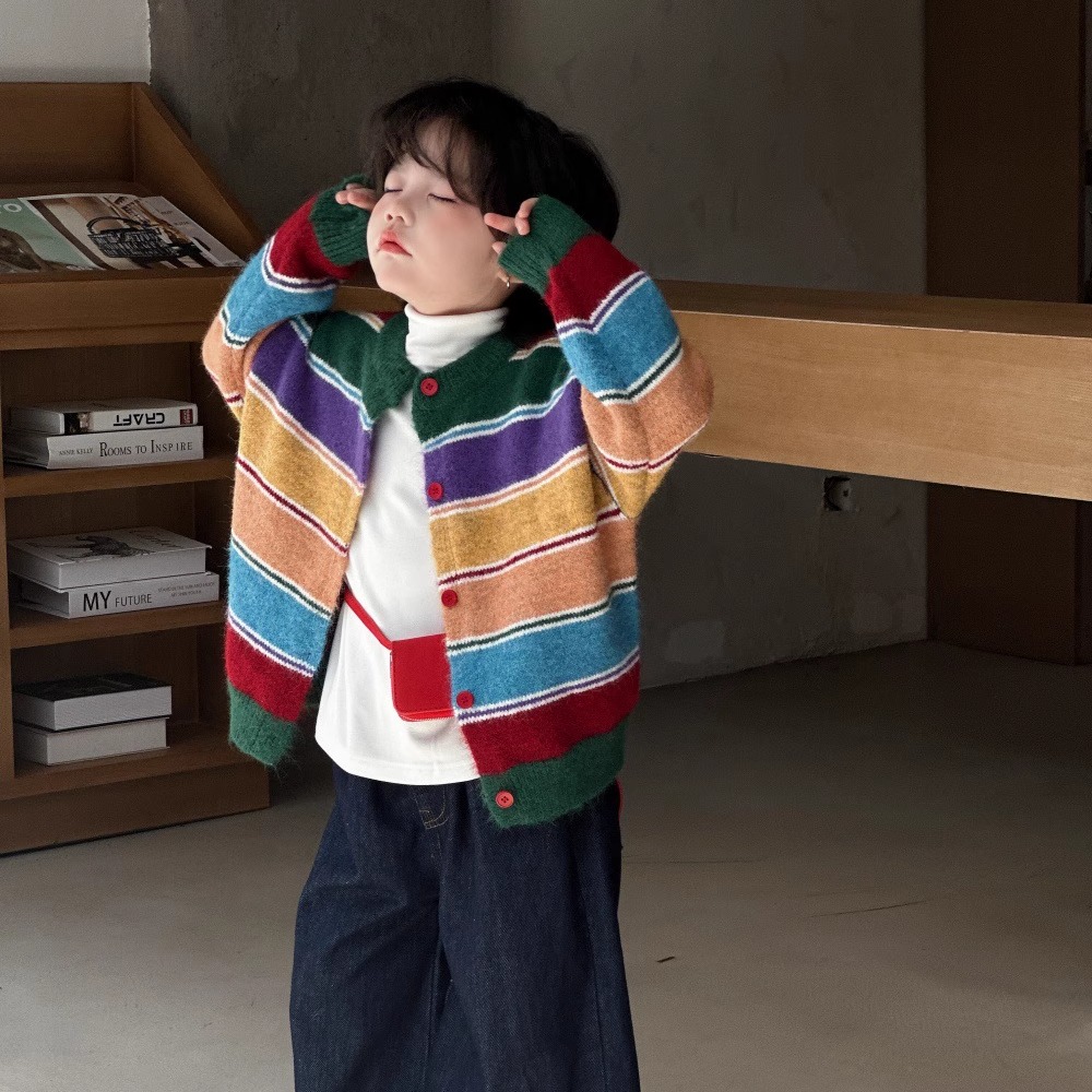 洋气~男女童彩条纹针织开衫外套