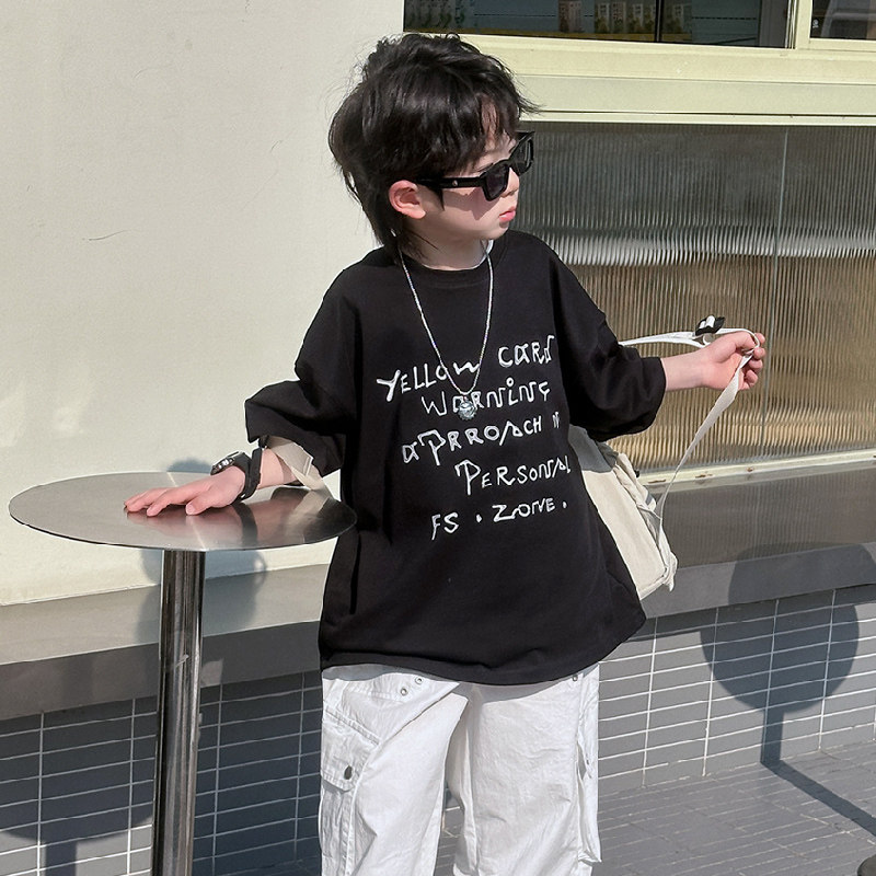 男童简约黑色短袖t恤2025夏季薄款儿童半袖中童字母宽松宝宝上衣,童装/婴儿装/亲子装,T恤,淘宝优惠券,粉丝福利购,淘宝优惠卷