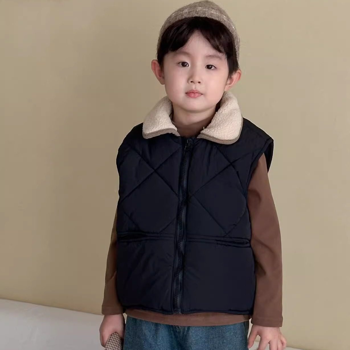 田园复古风~男女童毛领翻领马甲