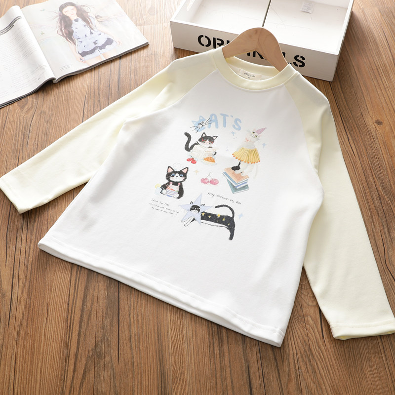 女童春装新款长袖T恤 中大童韩版洋气卡通数码印花插肩袖打底衫