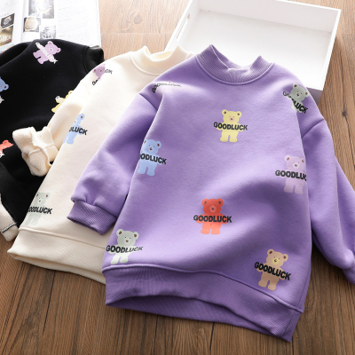 一体棉花绒~女童可爱小熊中长款卫衣宝宝半高领加厚加绒套头衫潮