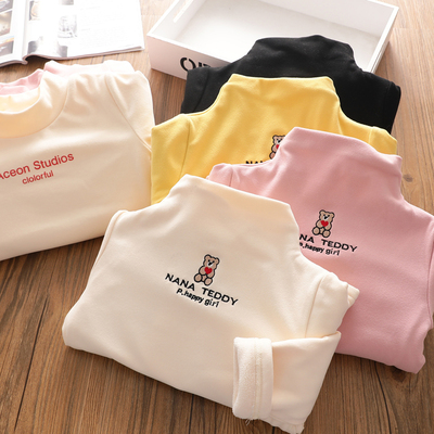 女童洋气加绒打底衫深秋冬儿童加厚德绒女宝宝半高领上衣