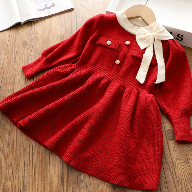 女童复古冬季蝴蝶结毛衣连衣裙子