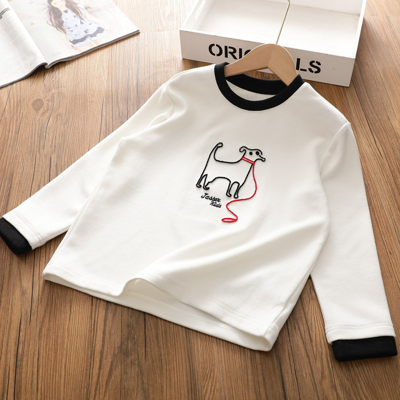 女童撞色小狗洋气保暖打底衫儿童圆领宽松自发热加绒加厚长袖T恤