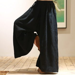 女百搭打坐长裤 中式 子 秋冬高克重亚麻棉禅意茶服垂感阔腿裤 悠然