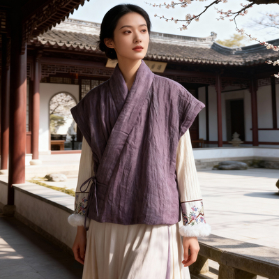 亚麻夹棉保暖马甲茶服外套坎肩