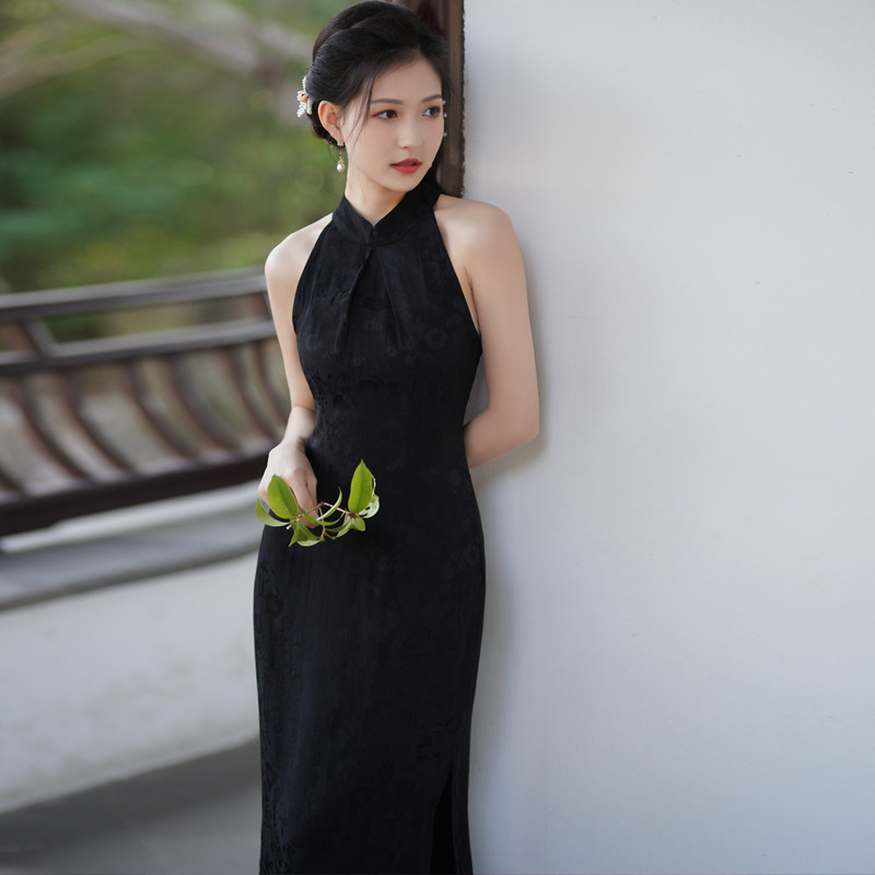 横波 中式性感收腰显瘦旗袍人丝人棉仿老缎子提花晨袍敬酒服礼服