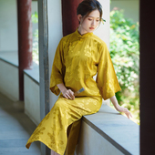 老缎子提花盘扣长旗袍连衣裙 民国风倒大袖 蝶恋花 春夏晨袍新中式