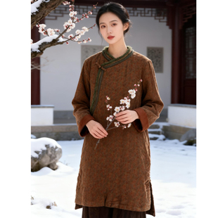 意自闲 原创民族风斜襟印花灯芯绒纯棉夹棉旗袍连衣裙厚藏式棉袍