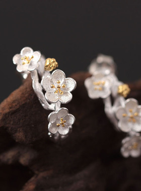 梅花三弄 s925银汉服旗袍搭配梅花耳钉女款中国风花朵古风耳环