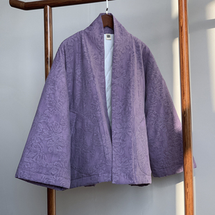 萸紫 亚棉麻提花夹棉宽松复古显瘦汉服禅意棉衣百搭茶服外套 冬季