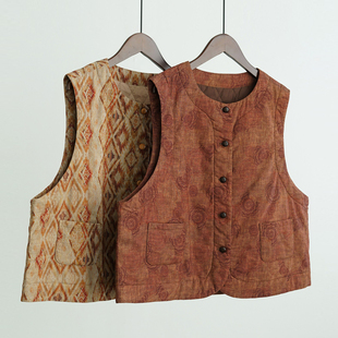 观照 秋冬新款纯棉文艺复古印花对襟夹棉短款马甲加厚坎肩小外套