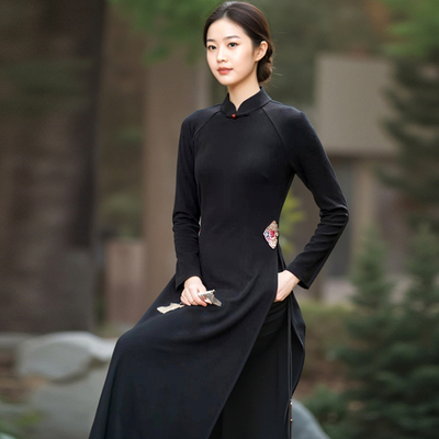 秋冬中式国风奥黛旗袍澳绒连衣裙