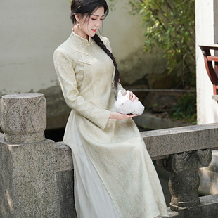 思莞 秋冬中式民国风立领刺绣奥黛旗袍显瘦茶服针织羊毛连衣长裙