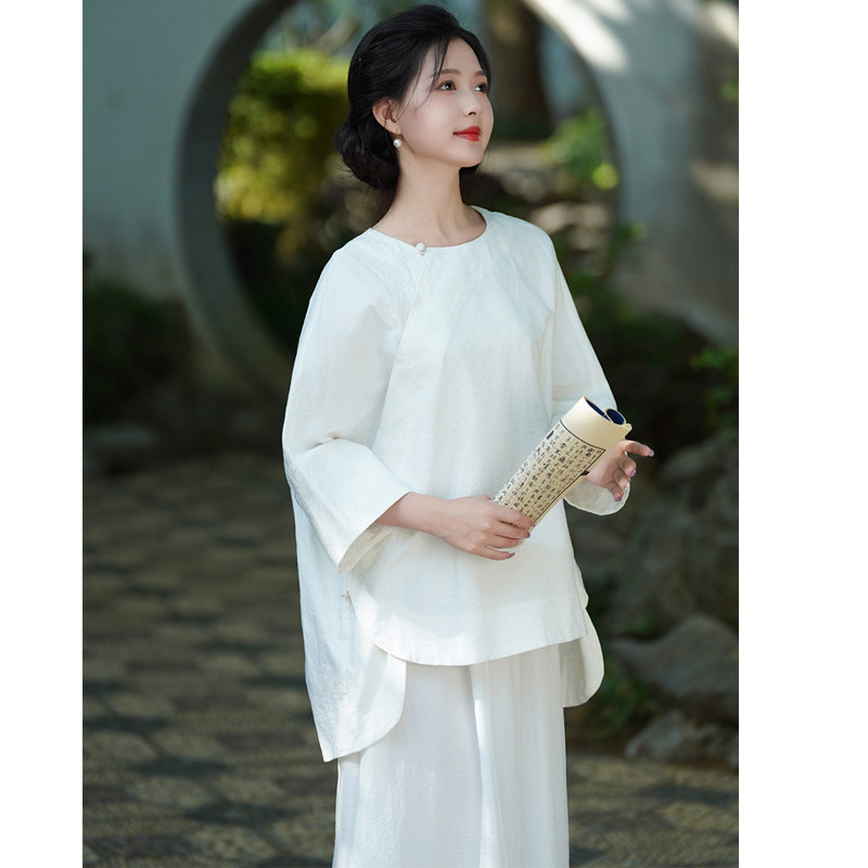 知晚 春秋新中式国风宽松禅意茶服斜襟盘扣天丝棉仙女倒大袖上衣
