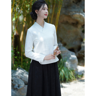 秋季 上衣小个子禅意茶服衬衫 新款 国风精梳亚麻棉短款 女 中式 叙言