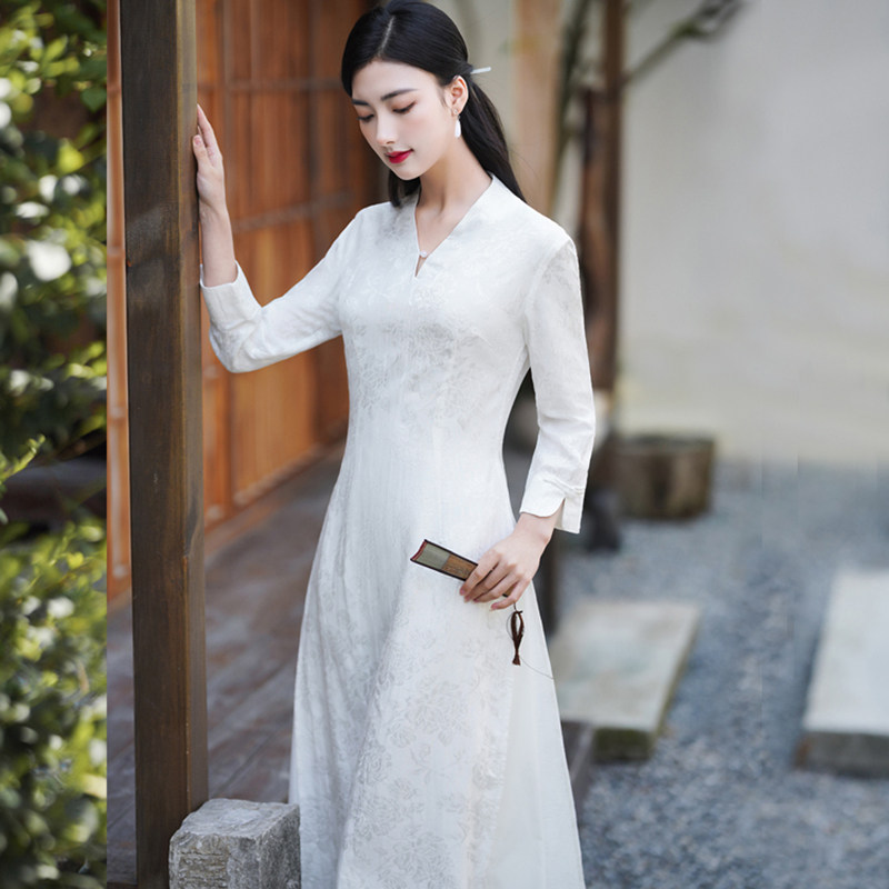 清妍 清仓春秋天丝棉麻绣花文艺复古修身改良奥黛旗袍优雅连衣裙