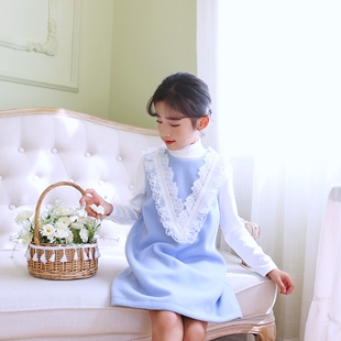 童装女童秋冬新款毛呢裙子加厚蓝色蕾丝花边背心裙公主裙连衣裙