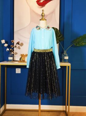 店铺转项经营全场甩卖女童春秋黑色网纱绣金丝绣花纱裙蓬蓬裙半裙