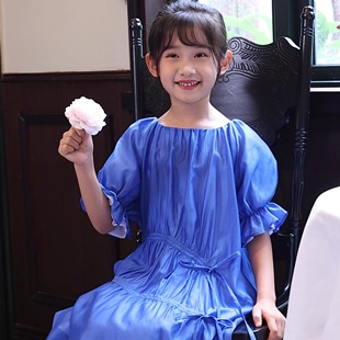 童装女童夏装新款裙子天丝棉亲子装褶皱抽绳泡泡短袖中大童中学生