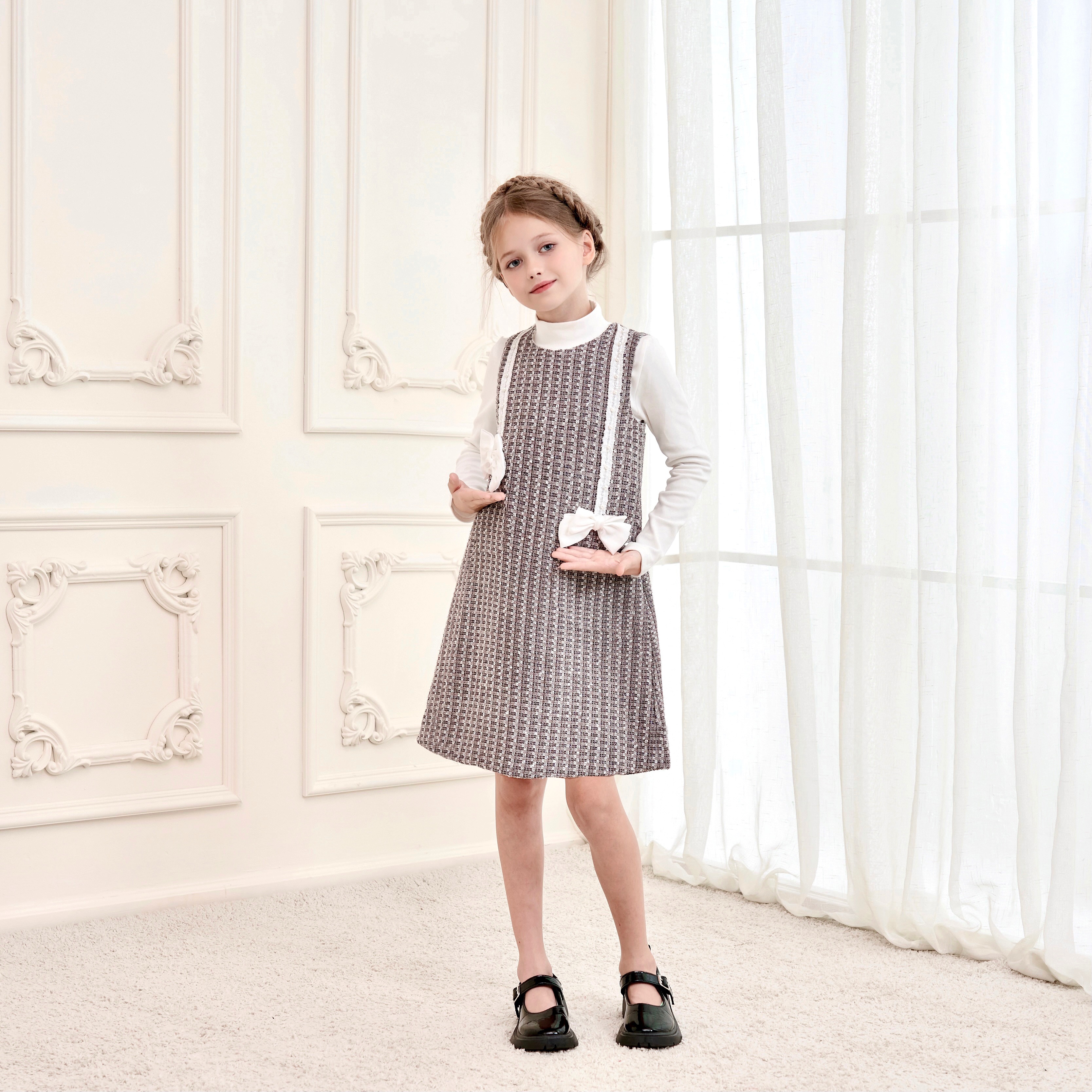 童装女童秋冬新款连衣裙小香风蝴蝶结钉珠重工背心裙礼服裙