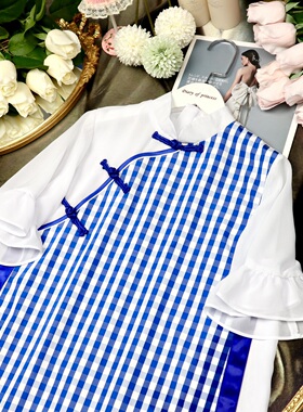 店铺转项经营全场甩卖女童夏装格子拼接白色雪纺假两件连衣裙