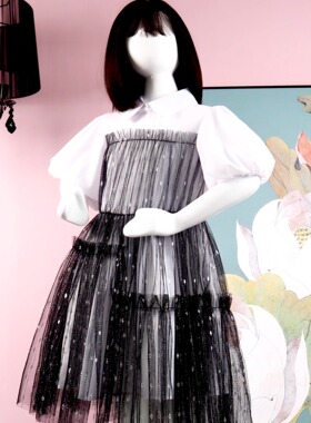 店铺转项经营全场甩卖女童夏装短袖纯棉连衣裙灯笼袖不对称网纱裙