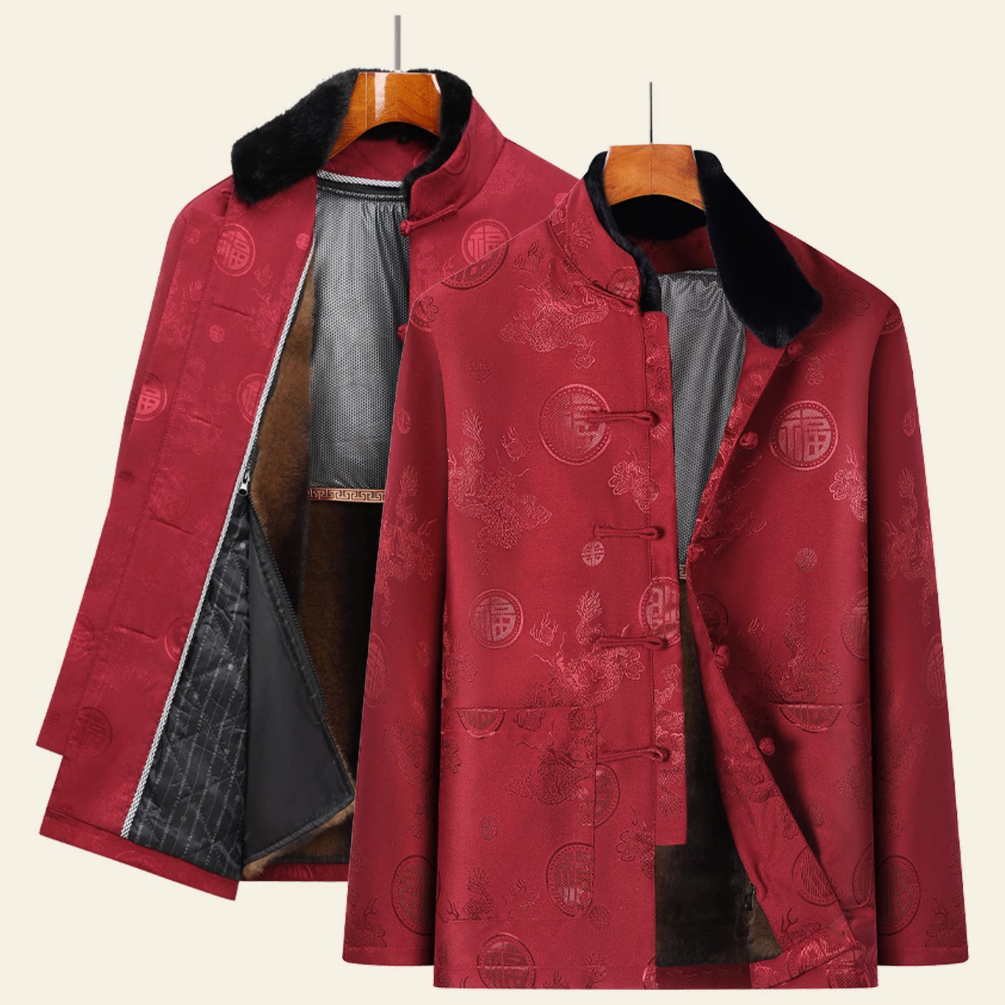 秋冬加厚蚕丝情侣唐装男可拆卸羽绒服中式加绒爸爸套装中老年外套