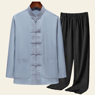 桑蚕丝新中式唐装套装男长袖薄款中老年大码上衣春秋潮中国风宽松