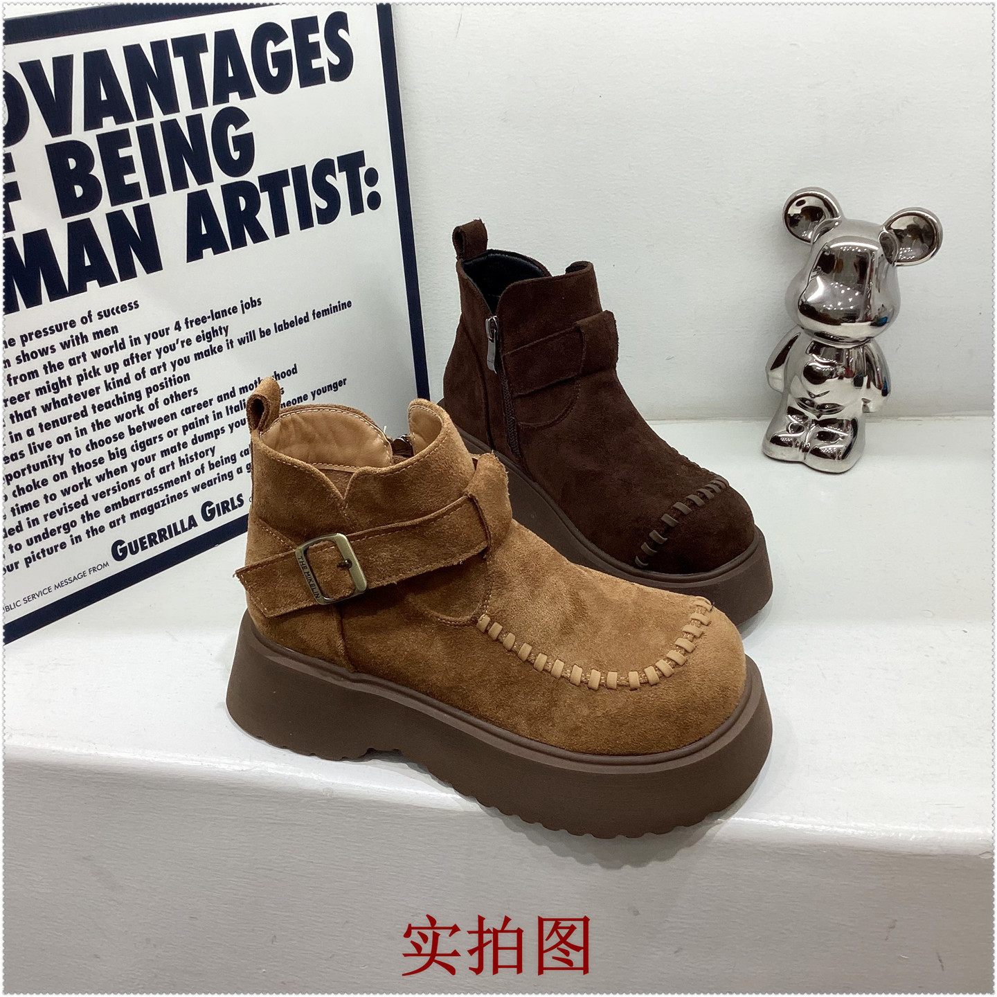 2025秋增高百搭时尚松糕底勃肯鞋复古短靴马丁靴厚底她致女靴英伦