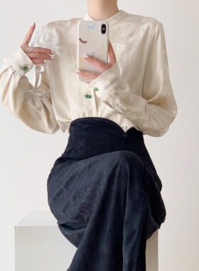Srose 轻熟小众设计感提花衬衫女小圆领珠子扣长袖上衣2023秋季