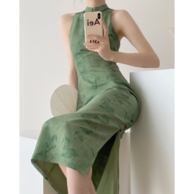 Srose 重庆森林/ 复古显白绿色改良版新中式国风旗袍连衣裙2022夏