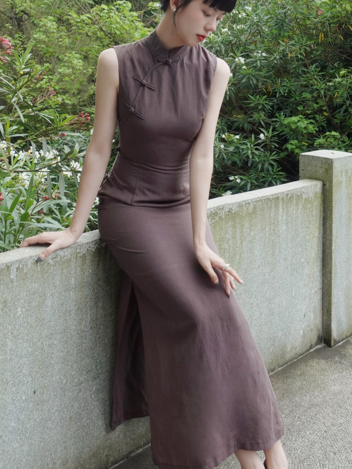 Srose 新中式改良旗袍裙女夏棉麻复古盘扣修身显瘦日常中国风长裙