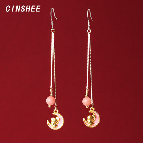 CINSHEE粉色兔子长款流苏耳环