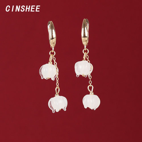 白色耳环花朵链子小众独特耳坠手工制作耳饰品轻奢气质夏CINSHEE
