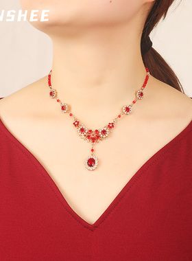 红色项链本命年锆石吊坠锁骨链女新娘挂饰红水晶中国风晚礼服配饰