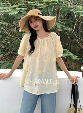 single2025夏新款时尚百搭显瘦圆领短袖衬衫女休闲上衣女25137-2