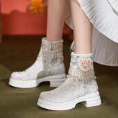 秋冬新款 汉服靴子仙女风中式 民族风古风显瘦加绒白色松糕底短筒靴