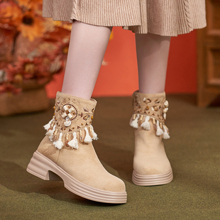 2025秋冬新款 美拉德风短靴复古马丁靴子女民族风流苏靴厚底松糕底