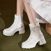 茶艺靴中式 绣花鞋 中国风松糕底古风汉服鞋 2025秋冬季 公主鞋 白色