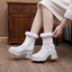 短靴白色棉靴汉服鞋 冬季 汉服靴子加绒保暖复古风绣花鞋 厚底雪地靴