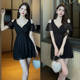 深V性感黑色露肩连衣裙柔式 spa养生美容院推拿显瘦气质工作服春季