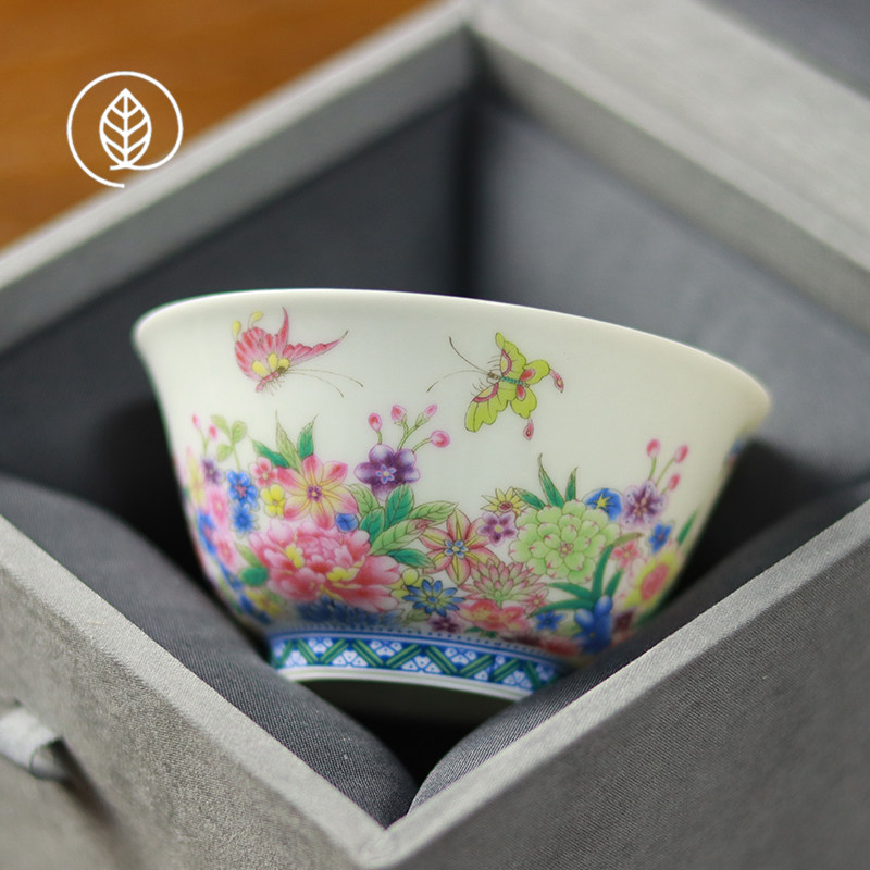 景德镇珐瑯彩主人杯万花茶杯品茗杯陶瓷中式薄胎单人杯家用小茶盏